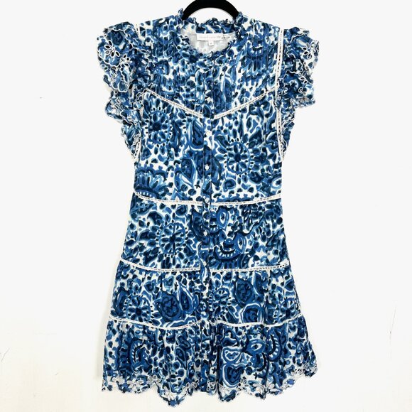 House of Harlow 1960 Eyelet Ruffle Dress Blue White Floral Button Down Medium - Picture 1 of 5
